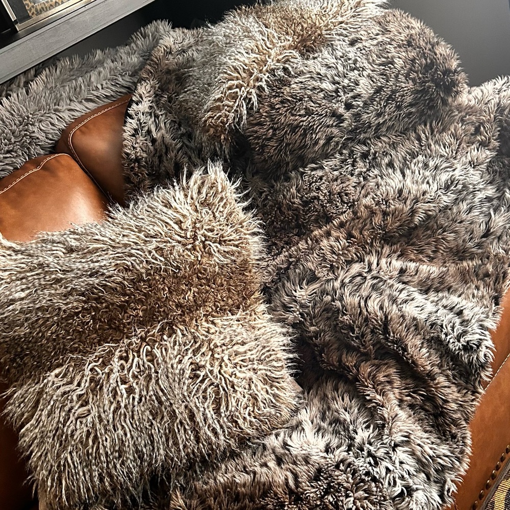 Two leopard  Faux Fur Throws  with two faux Mongolian fur accent cushion